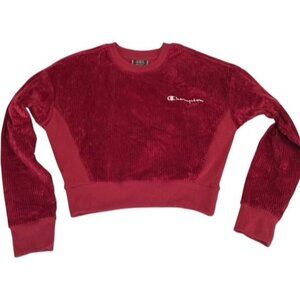 Champion XS Red Corduroy Velour Crop Sweatshirt Logo Pullover Womens